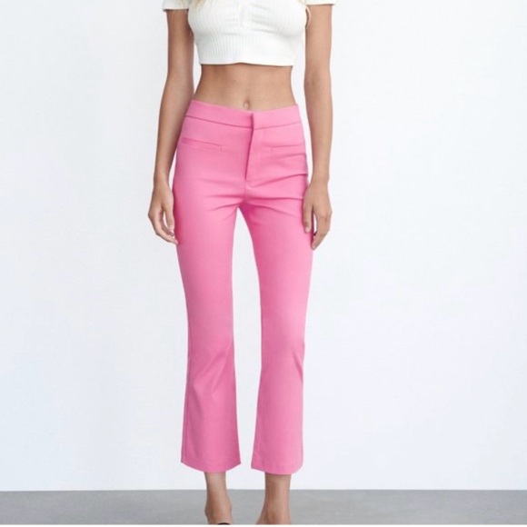 Zara Pink Mini Kick Flare Crop Pants Flat Front Trouser Barbie New Spring Ankle - Picture 3 of 7